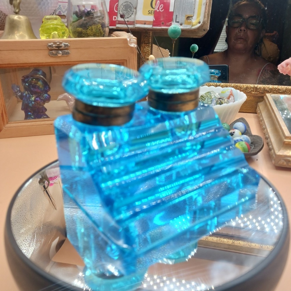 Antique Peacock Blue Glass DOUBLE Inkwell, Late 19th Century Victorian Desk